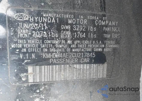 2012 Hyundai Elantra Gls (Ulsan Plant) z USA, uszkodzony, nr VIN KMHDH4AE2CU217845